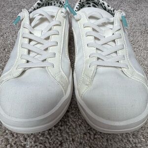 Hey Dude Women's White Canvas Sneakers with Teal Pull Tabs
